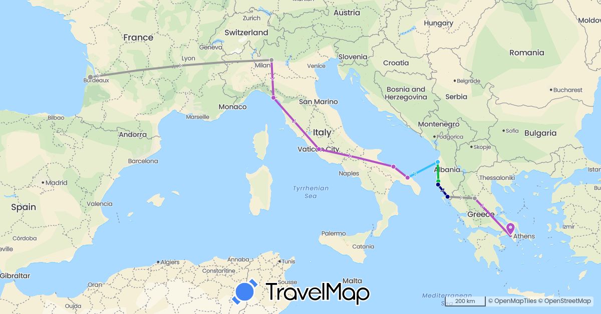 TravelMap itinerary: driving, bus, plane, train, boat in Albania, France, Greece, Italy (Europe)